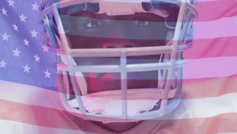 animation of african american american football player and flag of usa