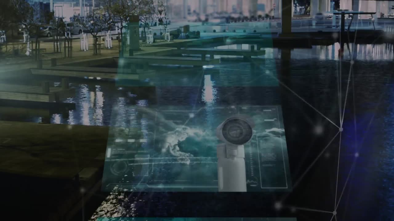 도시 풍경에 대한 연결 네트워크와 데이터 처리의 애니메이션