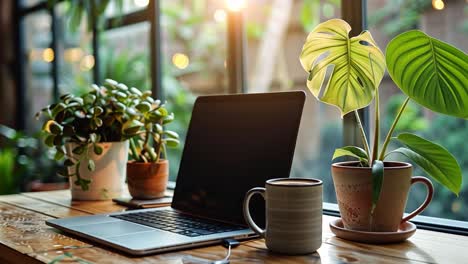 home office setup with laptop and plants