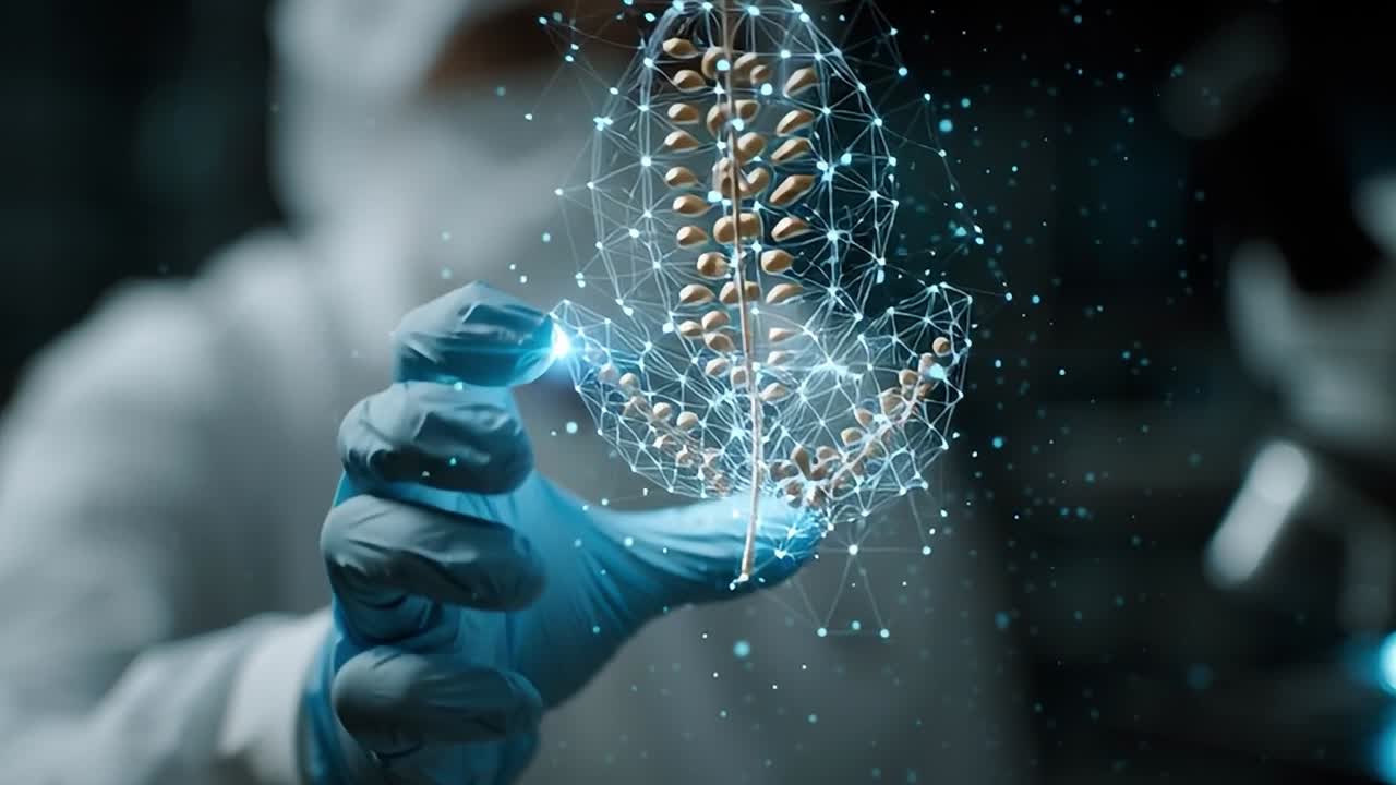 Scientist examining digital leaf structure in laboratory setting