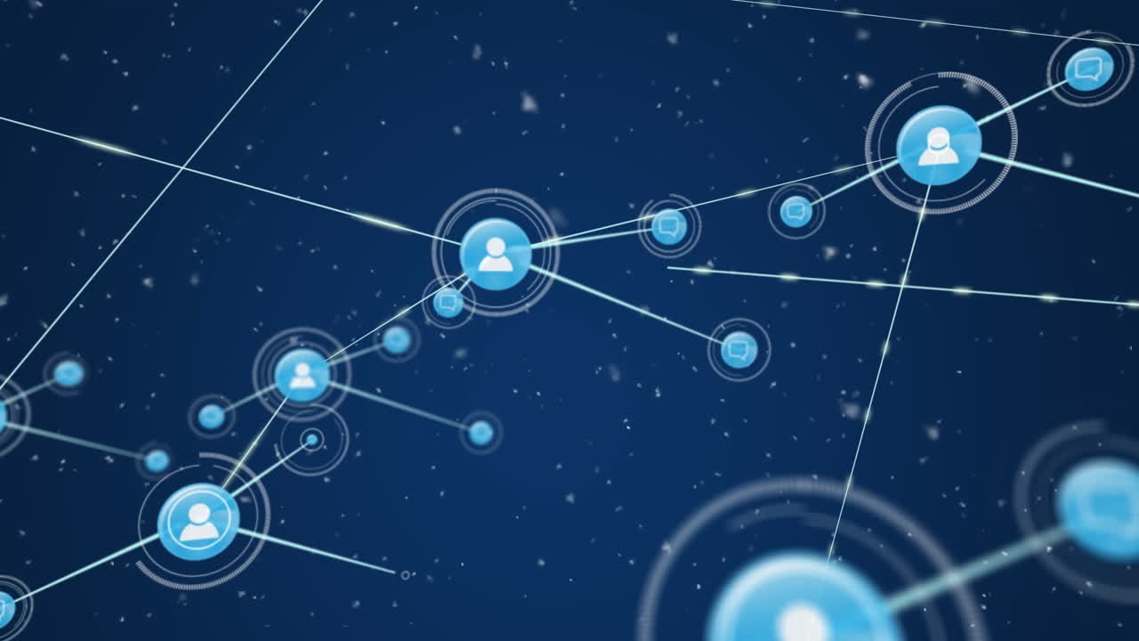 파란색 배경에 눈이 내리는 선으로 연결된 아이콘의 애니메이션