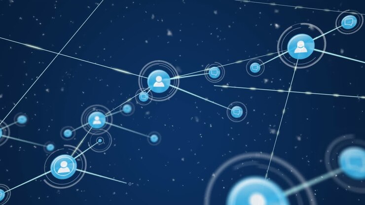 Animation of icons connected with lines over snowfall against blue background