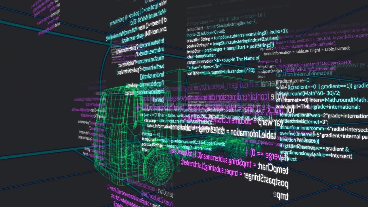 Grøn wireframe varevognsmodel visualiseres inde i et mørkegråt gitterrum med flydende kodestykker.