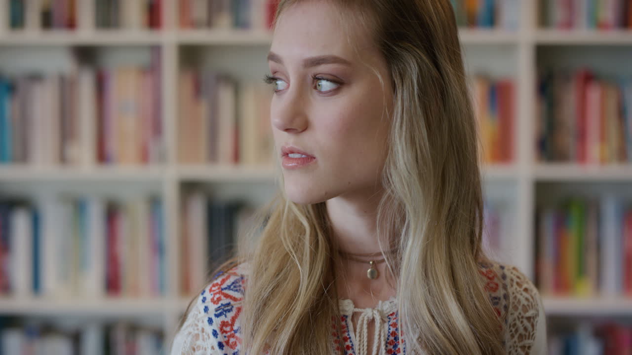 портрет молодой красивой блондинки студент задумчивый поворачивает голову, глядя в камеру милая женщина кавказская девушка на книжной полке фон