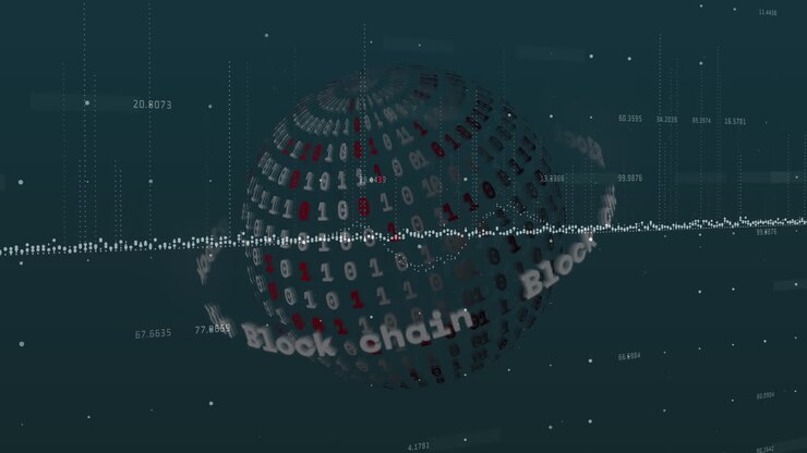Animation of block chain text and binary coding globe over data processing