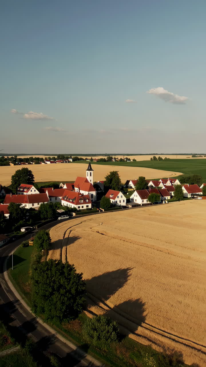 Aerial View of a European Village Surrounded by Fields
