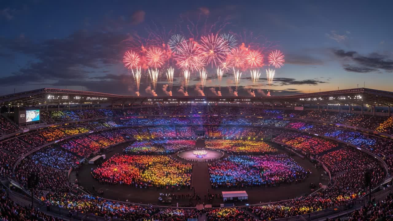 A Spectacular Evening Celebration Illuminating the Stadium with Colorful Lights and Fireworks, Creating an Atmosphere of Joy and Togetherness Among the Spectators