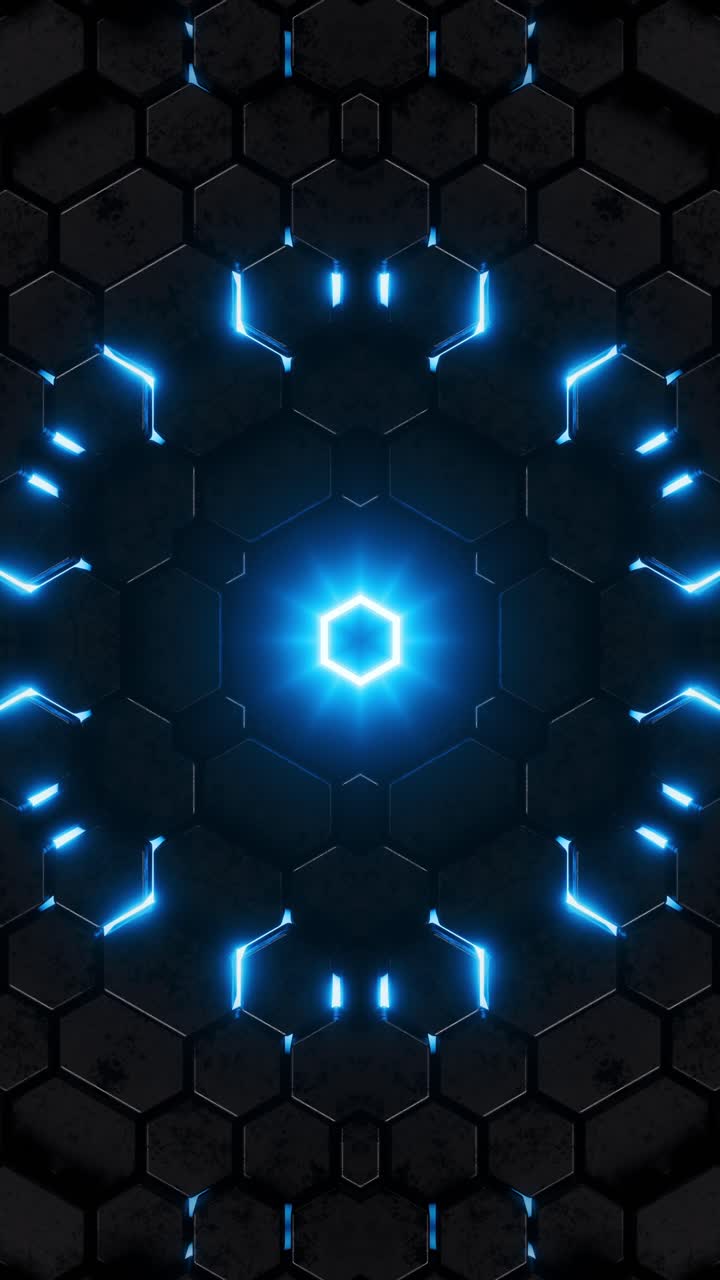 Honeycomb Kaleidoscope Pattern in Blue and Black. Looped Animation Vertical