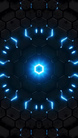 honeycomb kaleidoscope pattern in blue and black. looped animation vertical