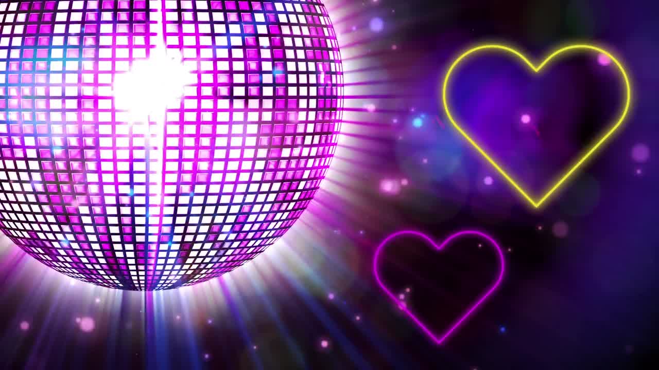 Animazione di palla da discoteca rosa luminosa e cuori neon rosa e gialli lampeggianti su sfondo nero