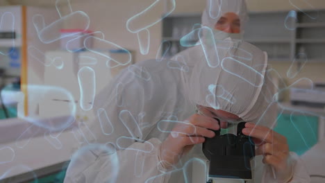 animación de científicos caucásicos con microscopio en el laboratorio sobre las células