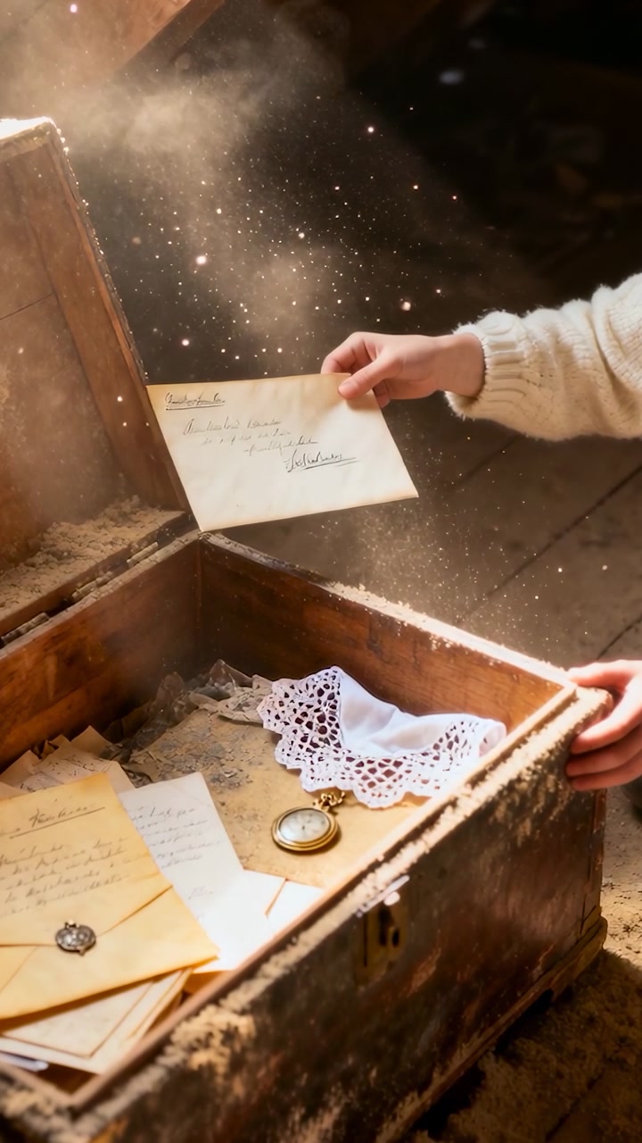 Hands reaching into trunk, lifting envelope in attic, animated script revealing family history