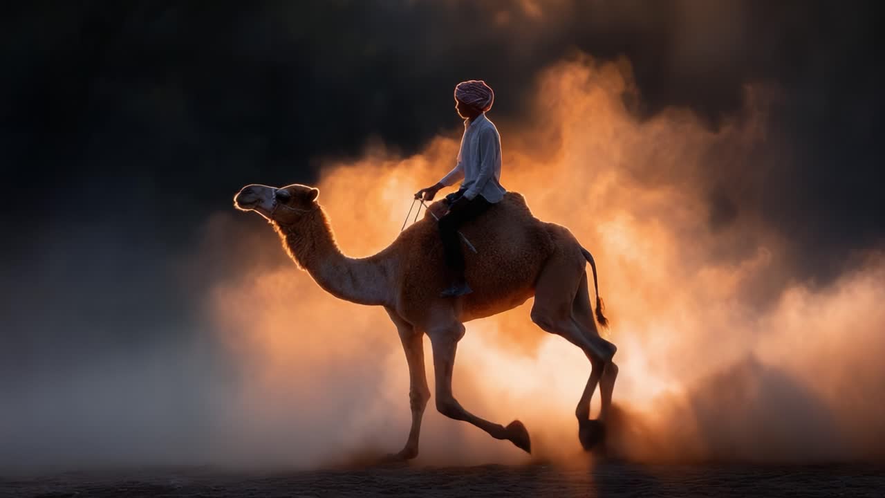 A solitary figure rides a camel through a dusty landscape at sunset, creating a stunning juxtaposition of light and shadow, embodying the essence of tranquility and adventure