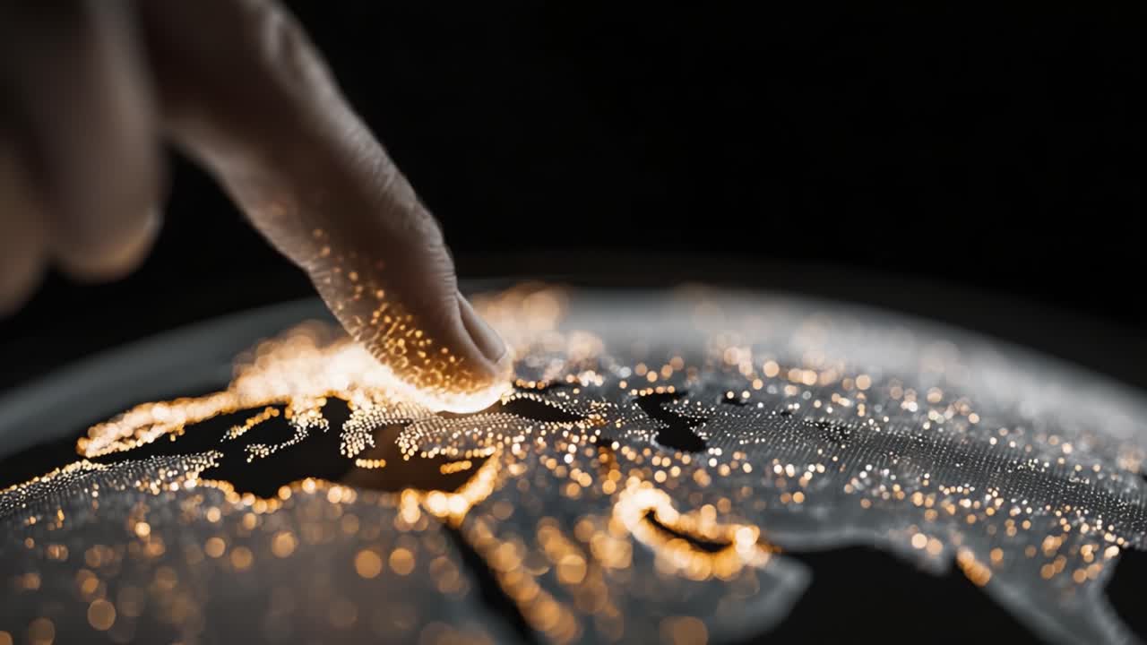 De digitale wereld verkennen: een close-up van een vinger die een verlichte wereldkaart aanraakt, met moderne technologie en connectiviteit in cartografie