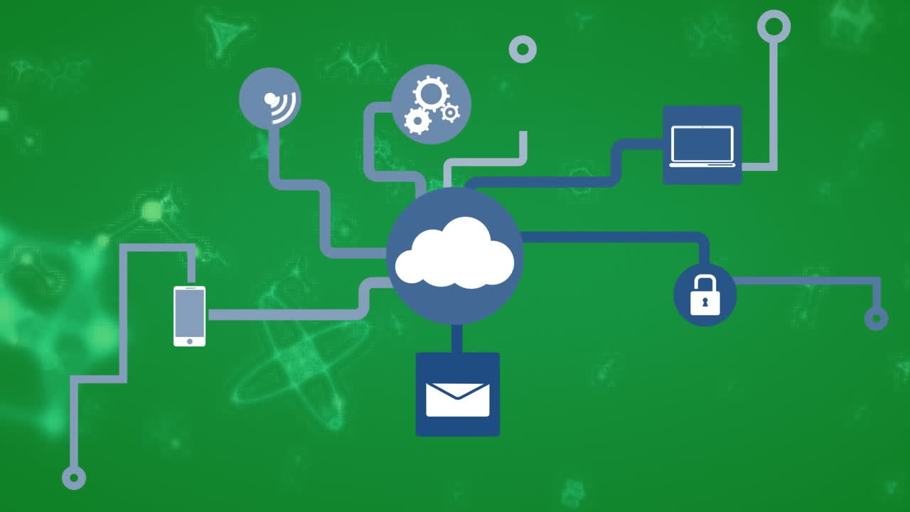 Animation of network of connections with icons over molecules on green background