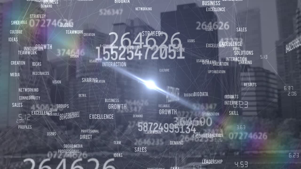 도시 풍경 위의 데이터 처리 및 숫자의 애니메이션