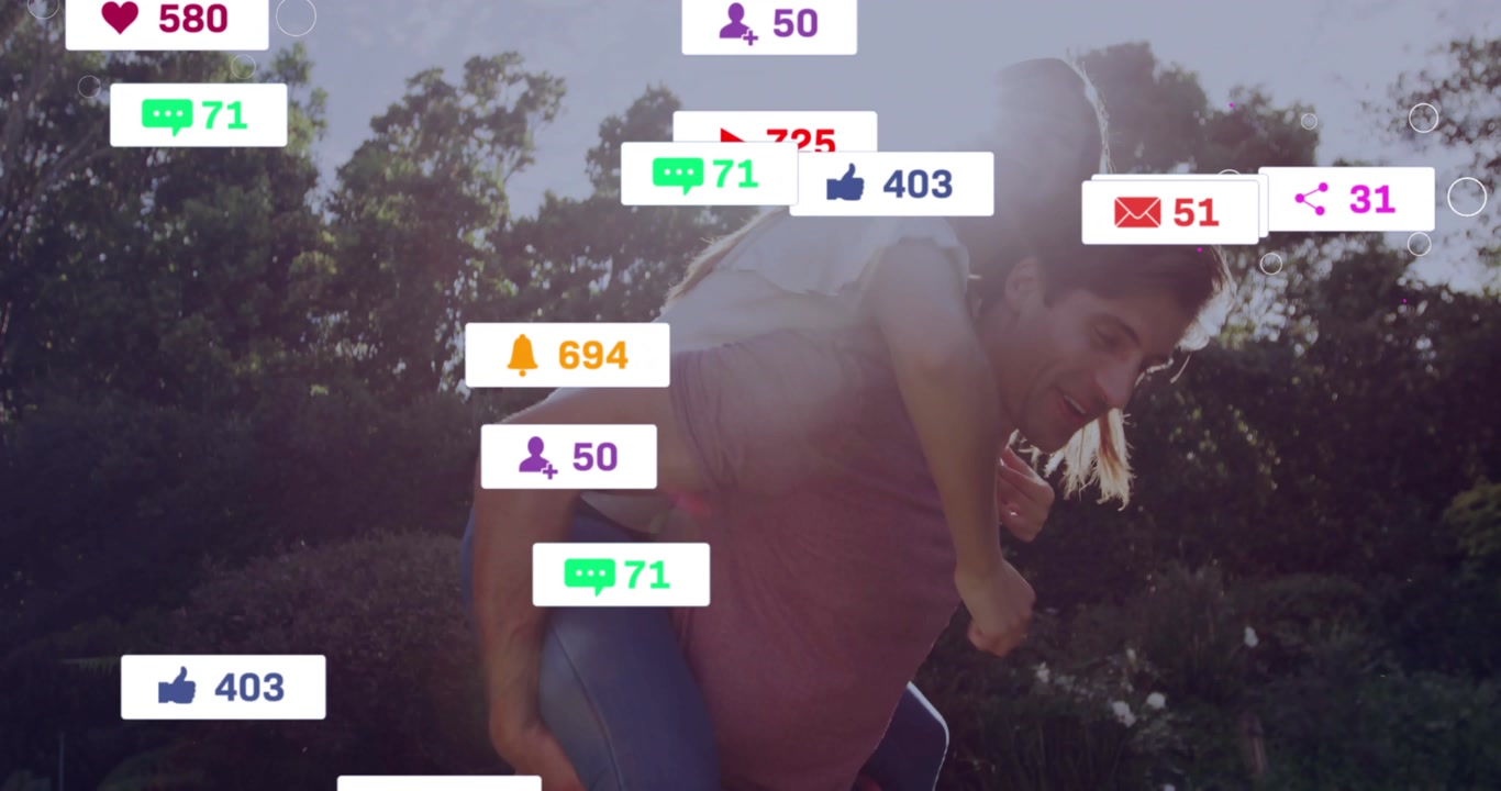 Couple piggybacking in woods, woman climbing onto man's back, animated social media counters rising