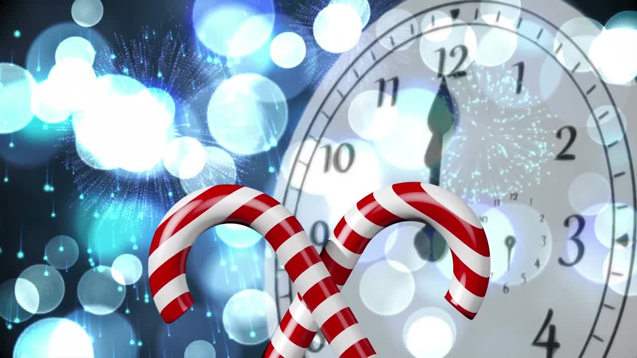 icono de caña de caramelo y reloj de tic-tac contra manchas azules de luz en fondo gris