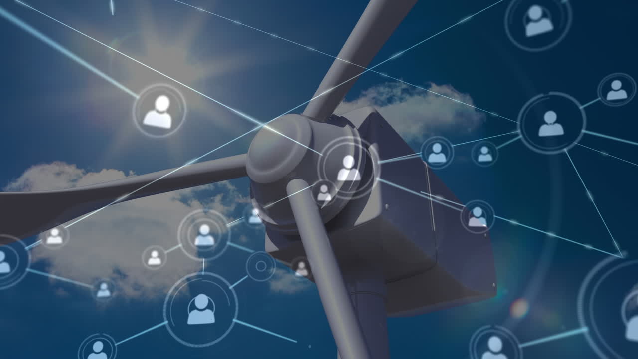 Animation of network of connections over wind turbine and sky