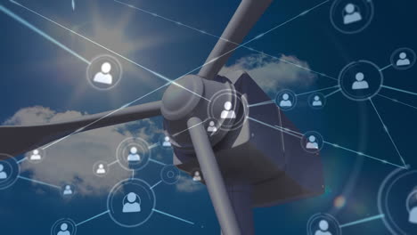animación de la red de conexiones sobre la turbina eólica y el cielo