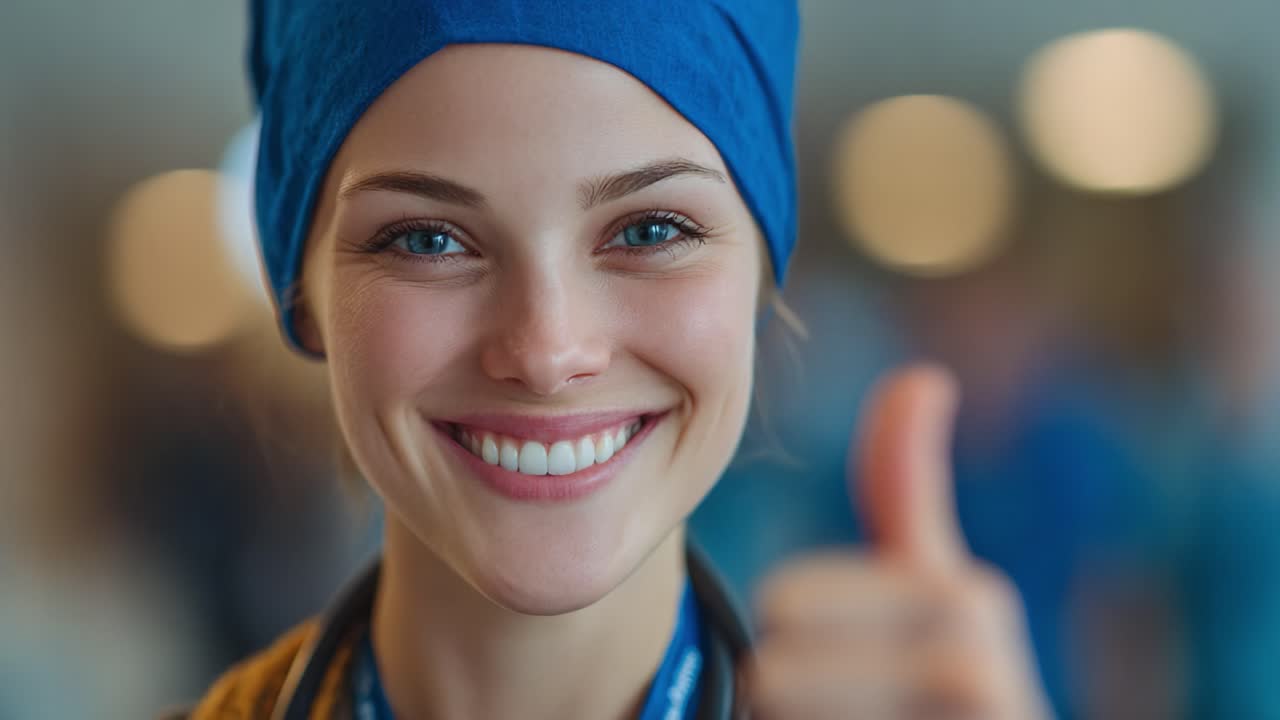 A joyful healthcare professional expresses positivity and encouragement with a smile and a thumbs-up gesture, radiating confidence in a friendly environment