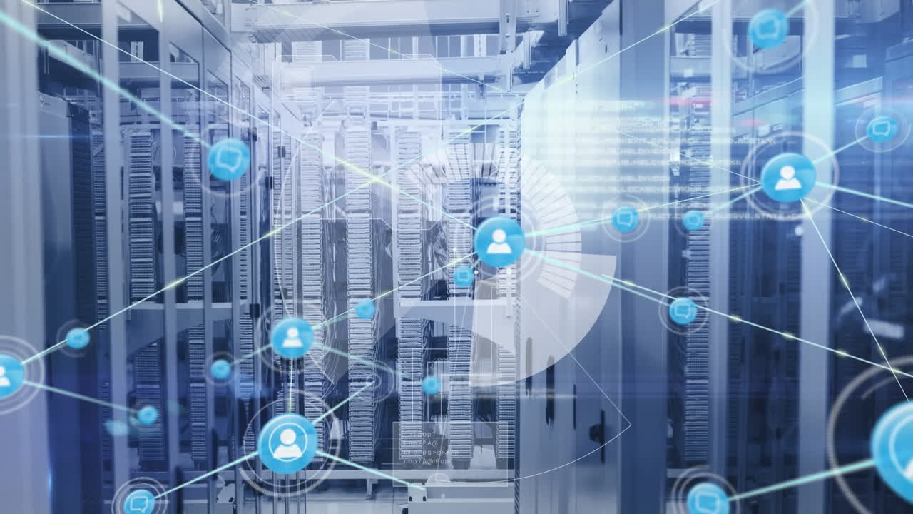 Animation of network of digital icons, round scanner and light spots against computer server room