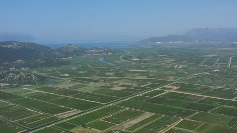 neretva valley, flying over agriculture plantation fields in delta of river neretva in south croatia - aerial drone view