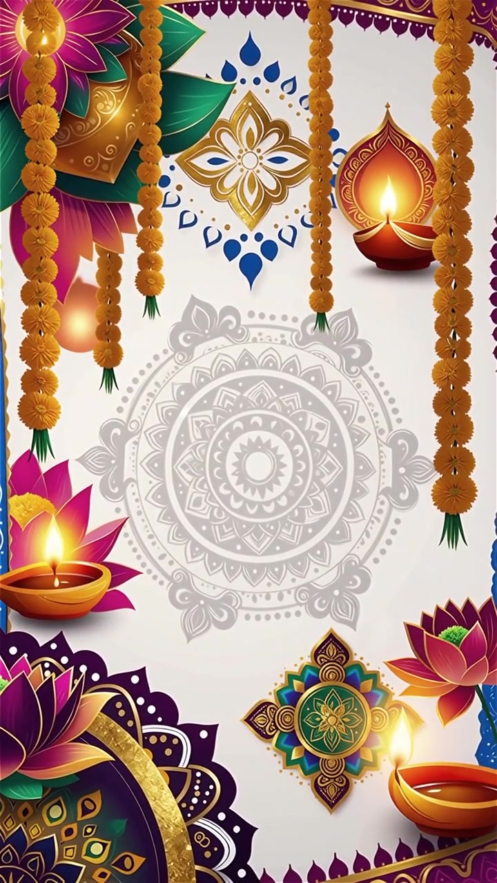 Sfondo Diwali con Diyas luminosi, Rangoli e fiori di loto