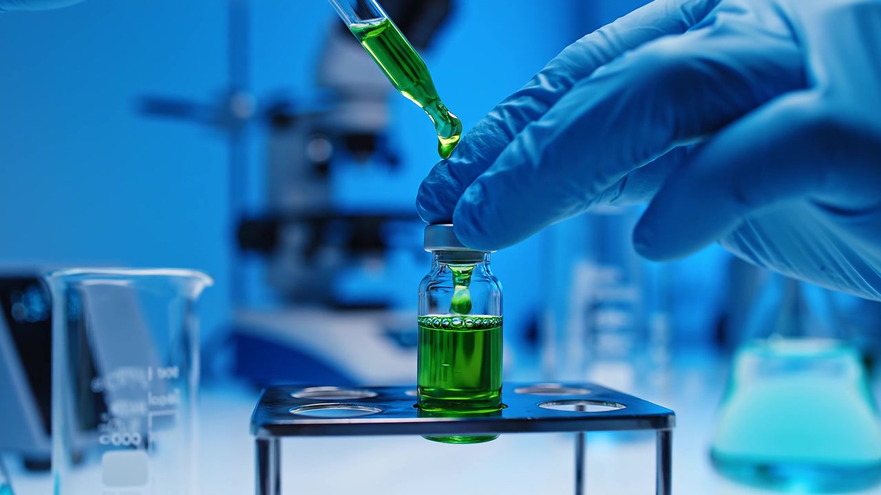Scientist in Blue Gloves Adding Green Liquid to Laboratory Vial