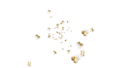 flying many popcorns on white background. white salty popcorn. healthy food. corn seed. 3d loop animation of popcorn rotating.