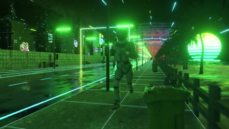 astronaut running through a neon cyberpunk city