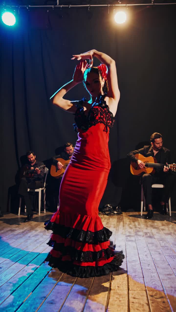 A dynamic video captures a flamenco dancer in a red dress from a low angle