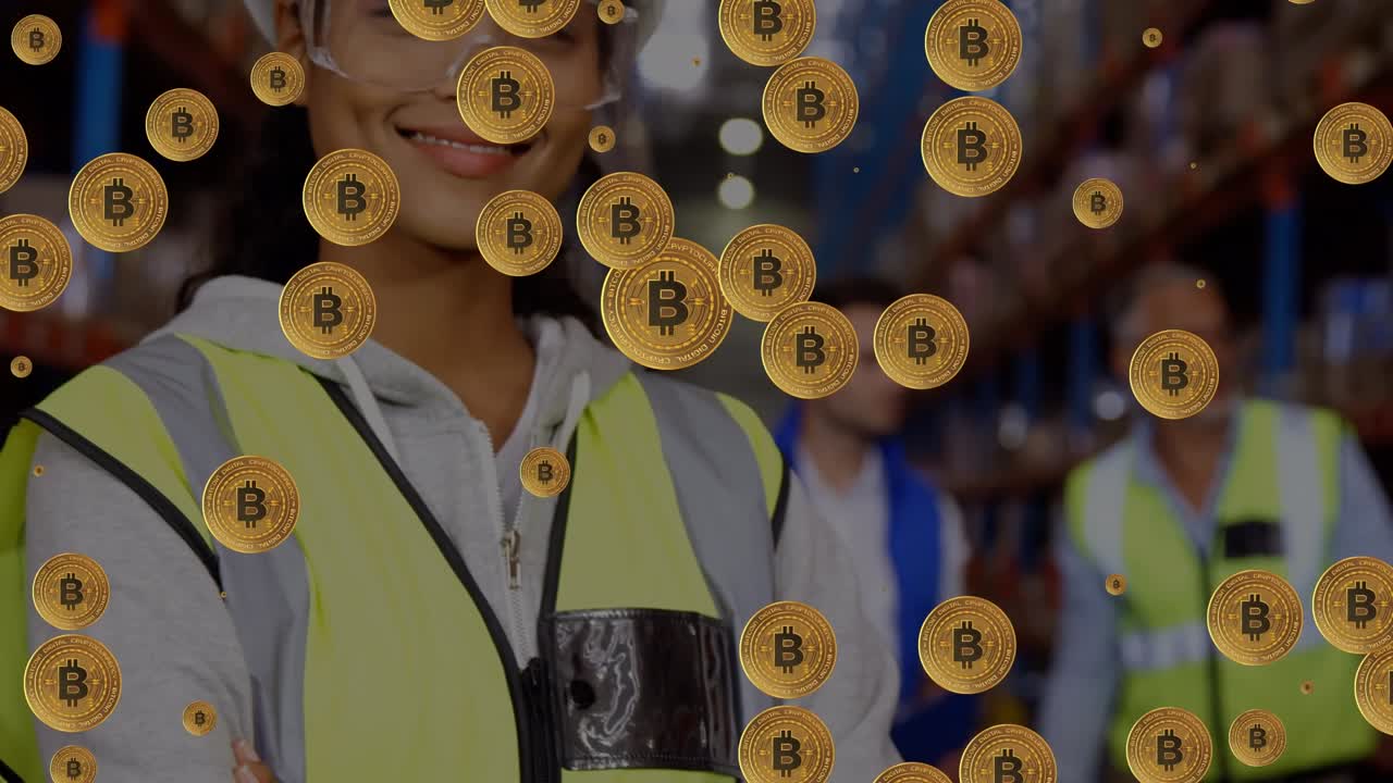 Animazione di simboli Bitcoin in sovrapposizione al ritratto di un'operaia che indossa occhiali protettivi in un magazzino.