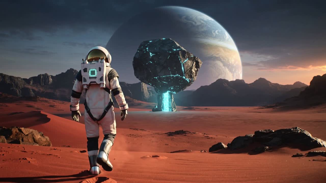 Astronaut i hvit drakt som går over rød slette, nærmer seg glødende stein med cyanfarget ryggsekk.