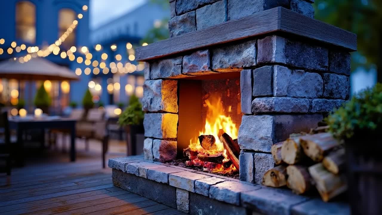 A fire pit sitting on top of a wooden deck next to a building