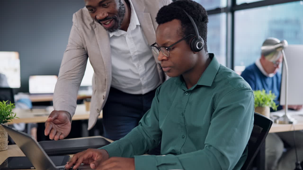 Call center, team manager and men at computer