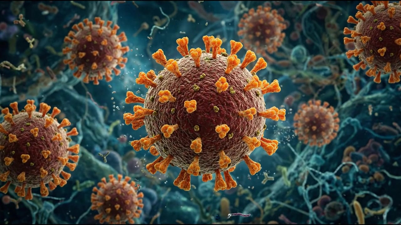 Microscopic view of coronavirus covid virus cell floating in dark
