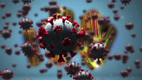 animation of covid 19 cells flying over glowing moving shapes