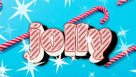 animation of jolly text over star sand candy canes on blue background at christmas