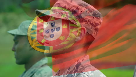 animation of flag of portugal over soldiers