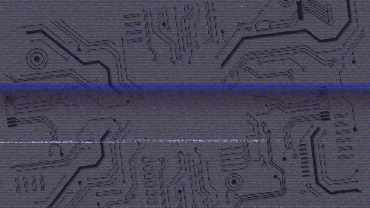 Circuit board display flickering under scan lines cycling glitch bars, specks showing interference
