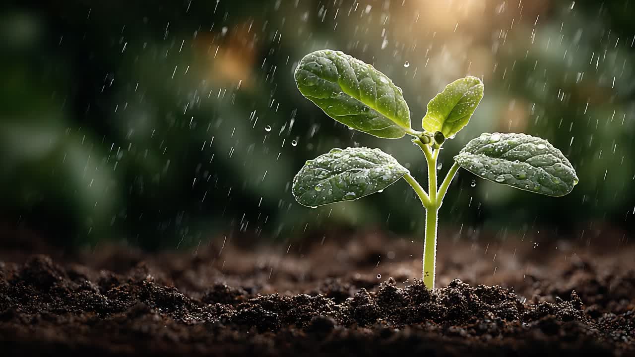 Nurturing Growth: The Journey of a Young Plant Thriving in Rainy Conditions, Symbolizing Life, Renewal, and Nature's Splendor from Seedling to Flourishing Greenery