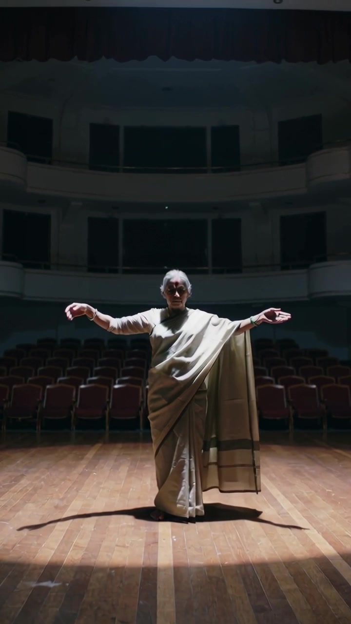 Video verticale: Riflettore che illumina una donna indiana anziana che balla sul palco, estendendo le braccia in sari.