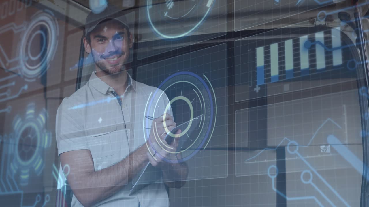 Delivery driver tapping tablet screen and activating holographic charts updating shipment records