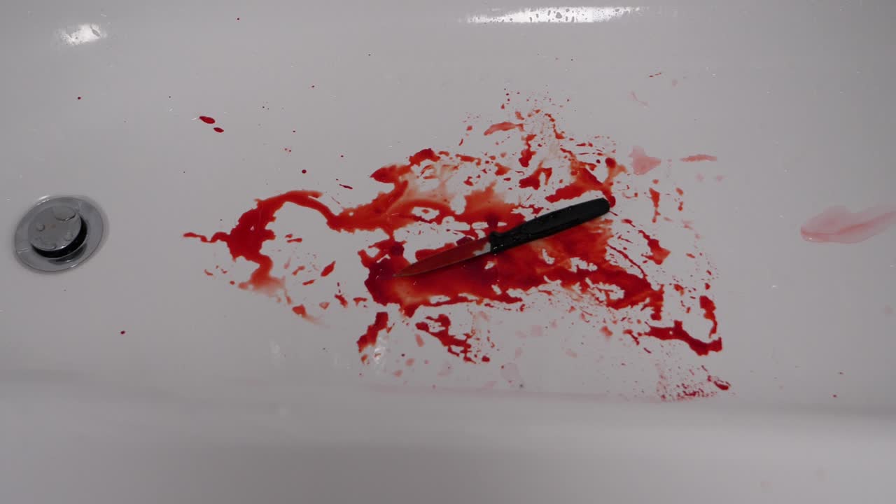 escena del crimen salpicada de sangre en la bañera con un cuchillo arrojado a cámara lenta