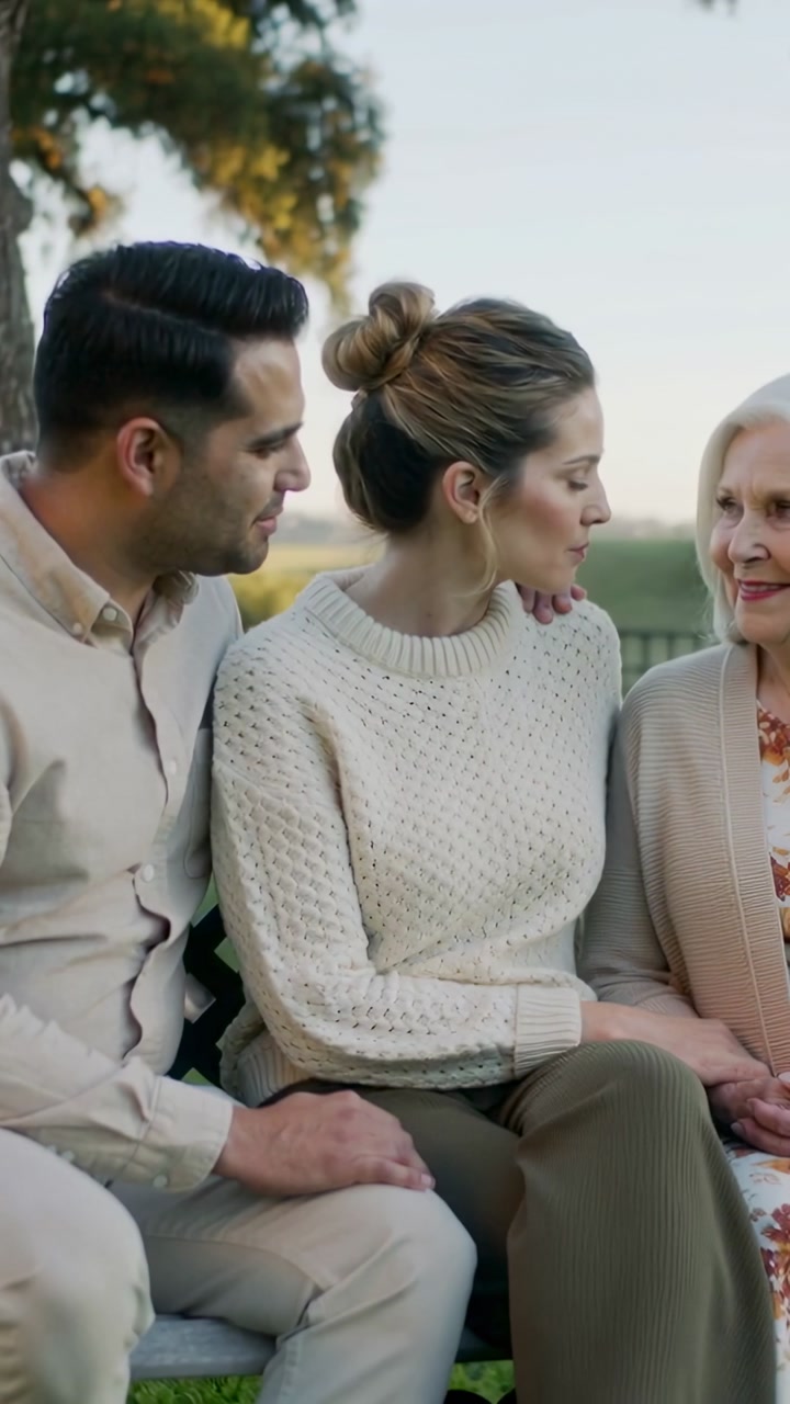 Happy Intergenerational Family Sitting and Talking on a Park Bench