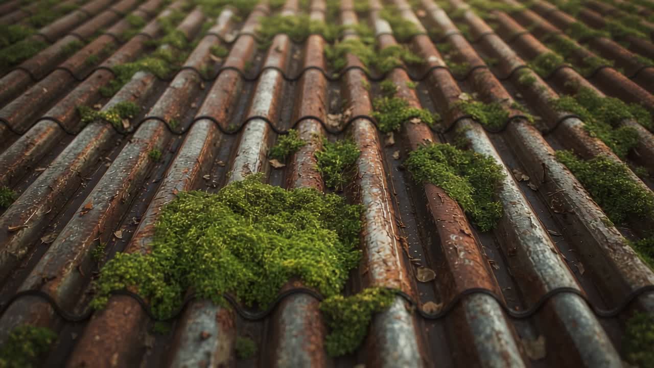 Pulling back camera revealing rusty roof panel with moss on shed rooftop showing decay and growth