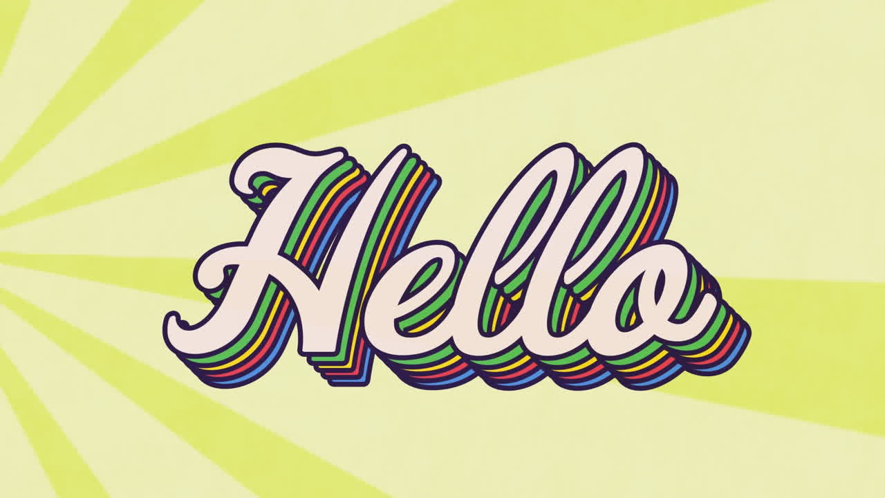animación de un banner de texto de saludo contra rayos radiales en un patrón sin costuras sobre fondo amarillo