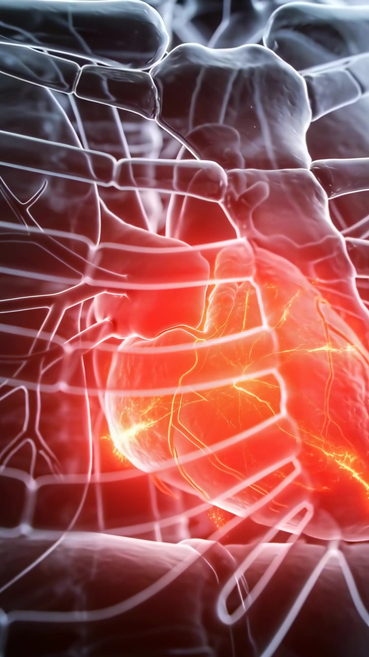 Vertical video: Pulsing heart sparking as glow lighting inside wire ribs showing vessels for study