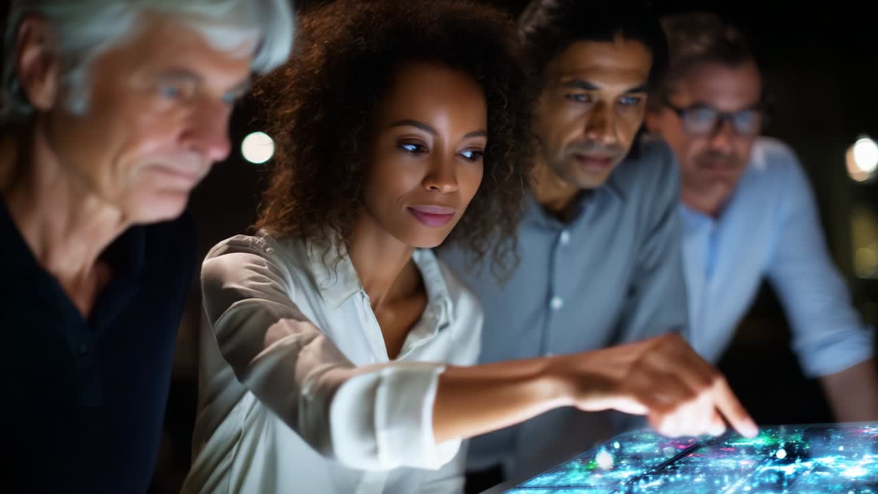 Focused Collaboration: A Group Engaged in Interactive Digital Analysis, Showcasing Diverse Minds Working Together to Navigate Complex Data on a Futuristic Display, Highlighting Innovation and Team Dynamics